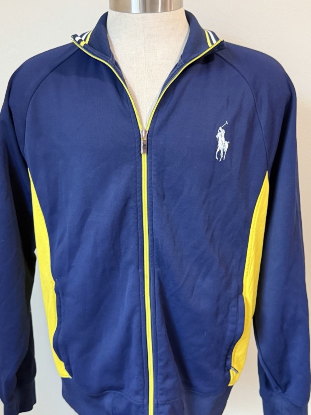 Vtg Ralph Lauren Polo Big Pony Double Knit Track Jacket Royal Blue Yellow Sz L